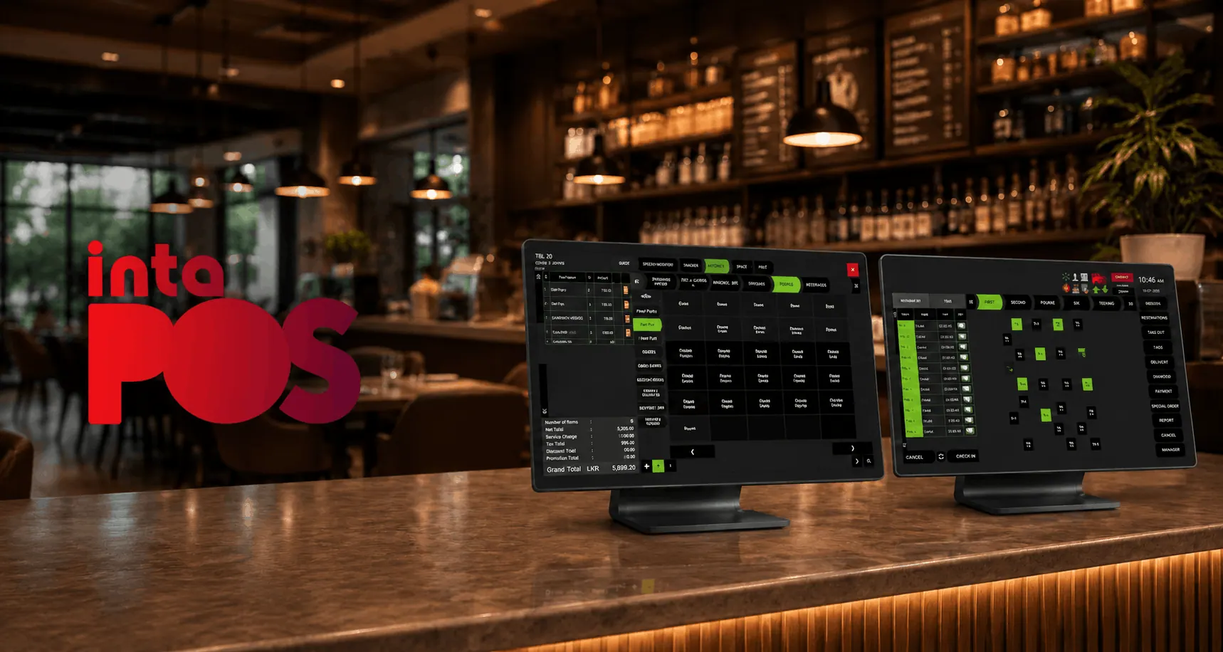 IntaPOS running on two touchscreen terminals at a restaurant counter
